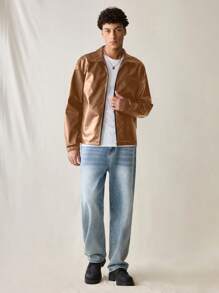 SWAVVY Áo khoác da PU ôm dáng, thời trang trẻ trung, tay dài, dành cho nam, mùa thu đông - màu nâu - Xem 4