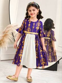 SHEIN DRMZ Young Girl Royal Blue Chiffon Ditsy Floral Splice Round Neck Snug Fit Dress,Summer Elegant Party Wedding Sibling Sisters Outfit For Festivals - Multicolor - View 5