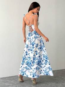 PETITE Vestido largo de mujer con aberturas altas laterales, tirantes con volantes, con fondo blanco y flores azules para vacaciones - Rojo - Ver 8
