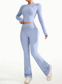 Sovereign Charm 2 件女式运动瑜伽套装 - 长袖性感短款上衣和高腰阔腿舒适休闲喇叭裤，适合健身、通勤、户外健身女士套装女士健身套装女士紧身裤套装 - 藍色 - 查看 3