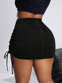 SHEIN SXY 大码纯色抽绳简约牛仔迷你裙，休闲日常穿着 - 黑色 - 查看 3