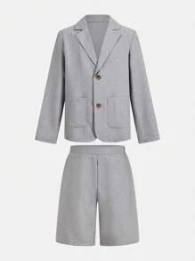 SHEIN Leap Crew 2pcs/Set Tween Boy Casual Blazer Jacket & Shorts Set, Suitable For School, Commute, Formal Occasions, Parties, Spring, Summer, Autumn, Winter - Grey - View 11