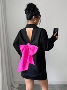 Rafferiza Áo cánh tay dài màu hồng đỏ tương phản, họa tiết nơ lớn đơn giản, túi rộng rãi, rộng rãi cho ngày lễ tình nhân, ngày nghỉ, ngày thường - Nhiều màu - Xem 8