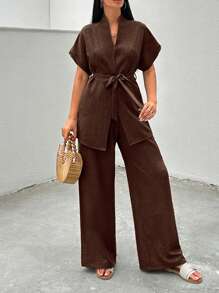 Women 2pcs Set Front Tie Short Sleeve Top And Pants, Casual Outfit - Brown - View 4