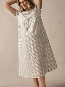 Boho Mama Boho Maternity Patch Pocket Striped Dress - Green - View 7