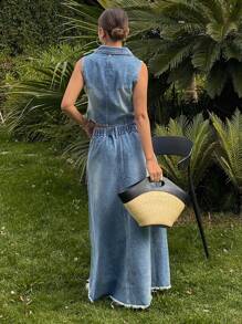 复古水洗无袖立领牛仔背心和长裙两件套女式连衣裙，秋季服装 - 藍色 - 查看 2