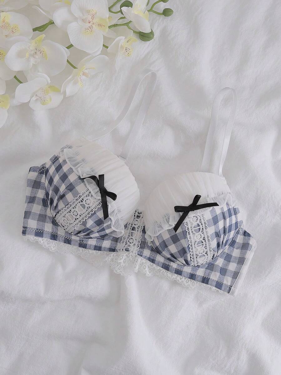 DelicateAllure 荷叶边舒适甜美格子蝴蝶结装饰女士文胸内衣蝴蝶结，可爱 - 彩色 - 查看 1