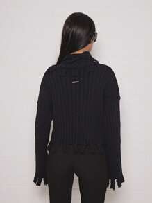 SUMWON WOMEN Distressed Turtleneck Sweater Cropped Length Ribbed Knit Fall Winter Fashion Frayed Hem Long Sleeve Pullover Casual Knitwear - Black - View 2