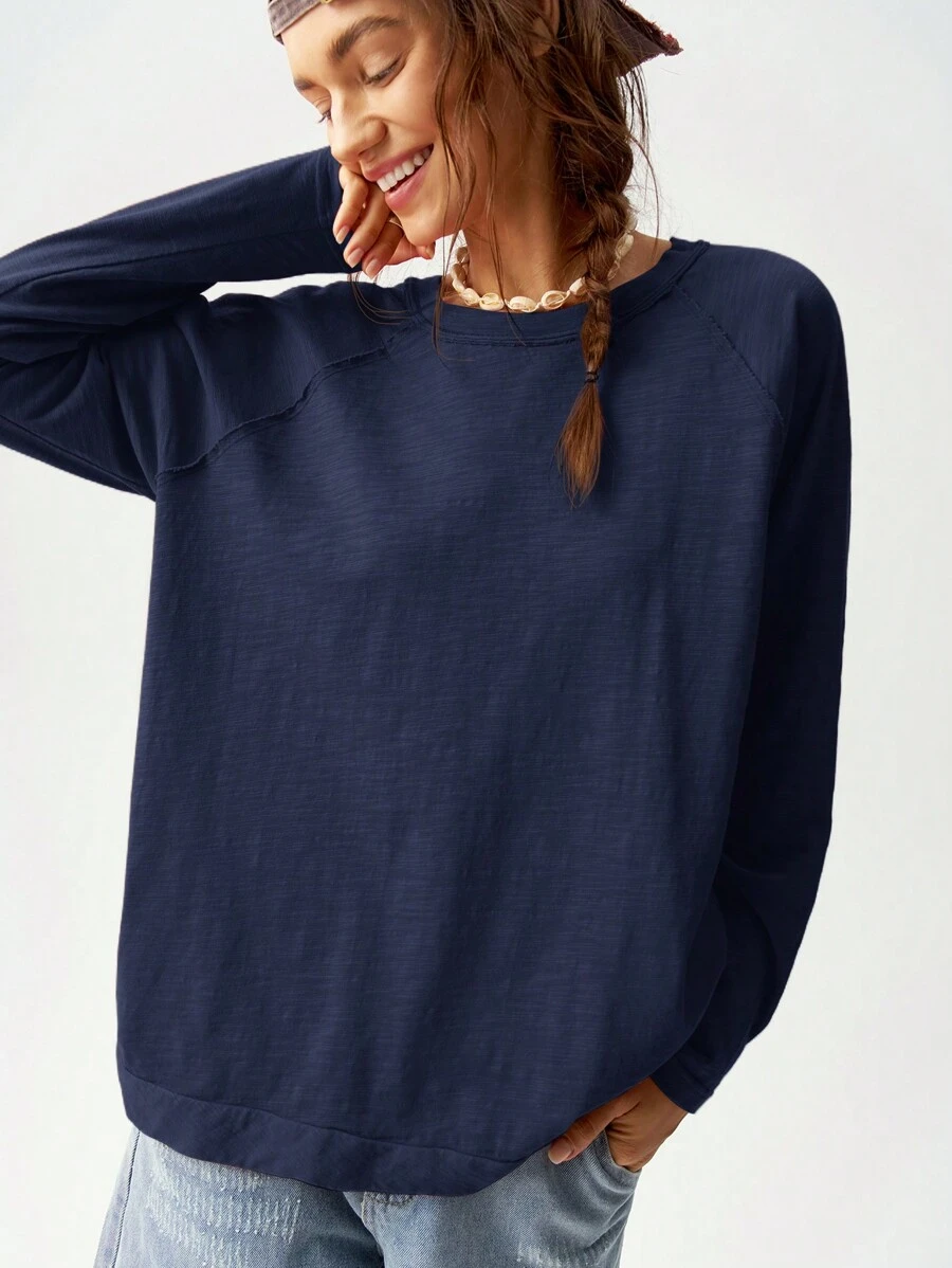 Bohemela Maglietta lunga da donna ampia, manica a raglan, collo a giro, maniche lunghe, in maglia tinta unita per vacanza - Blu - Visualizzare 1