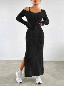 SHEIN Conjunto informal de 2 piezas para adolescentes: Camiseta de cuello redondo de manga larga a rayas Off Shoulder y Vestido tipo Camiseta de punto