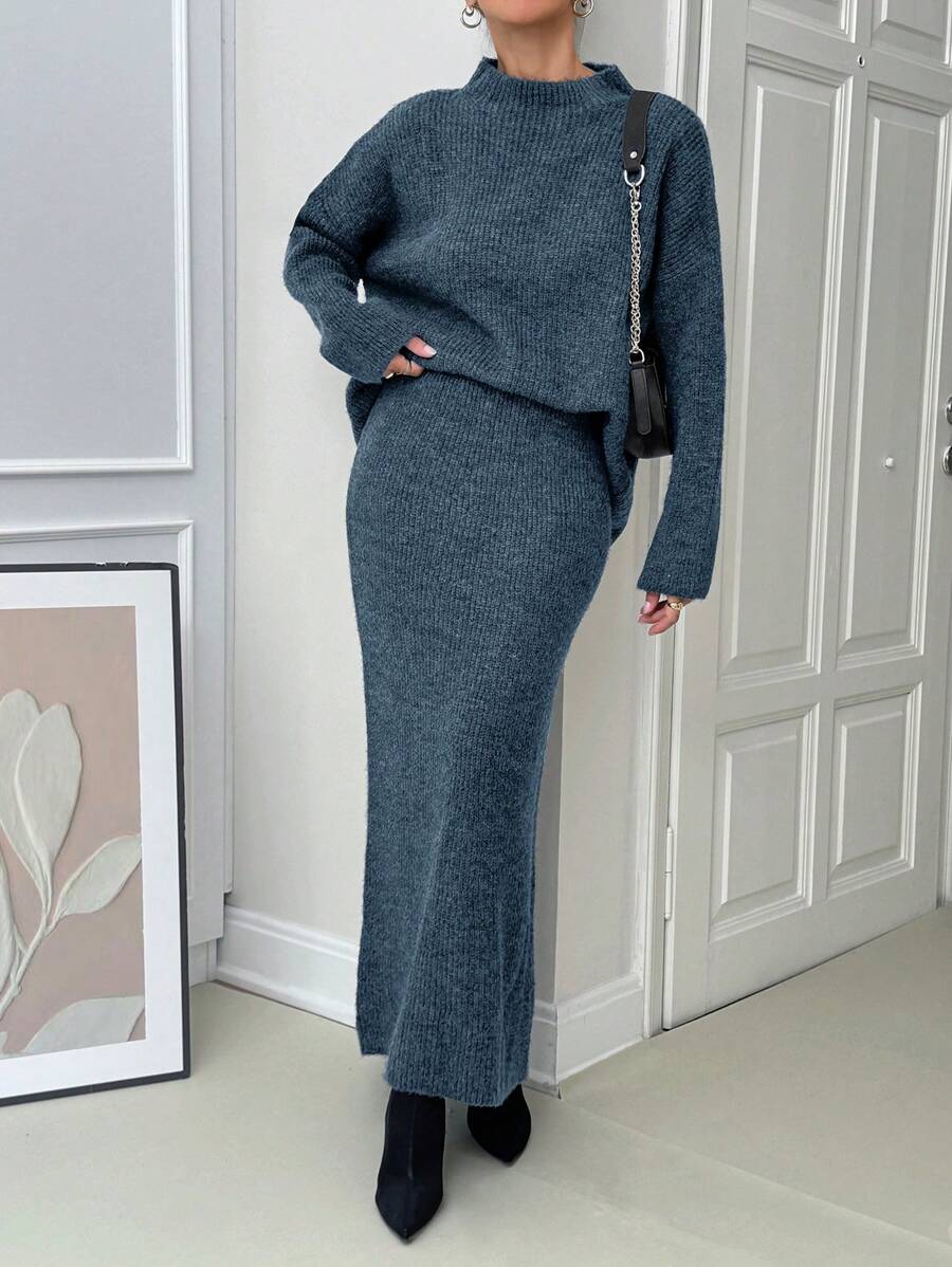 EURMUSE Women Sweater And Skirt Elegant Sweater Co-Ords Set Pullover And Maxi Skirt - Grey - View 1