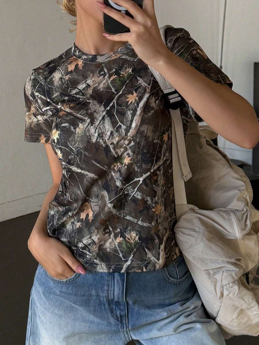 DAZY Women's Crew Neck Short Sleeve Printed Casual Blouse, Daily Wear