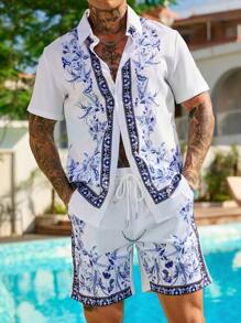 Manfinity RSRT Men Floral Print Short Sleeve Shirt & Shorts Set, Vacation Outfit Men Resort Wear