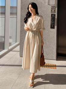 DAZY Damen lässiges Strandkleid aus Leinen mit Kordelzug Taille und einfarbigem Design - Aprikosenfarben - Übersicht 2