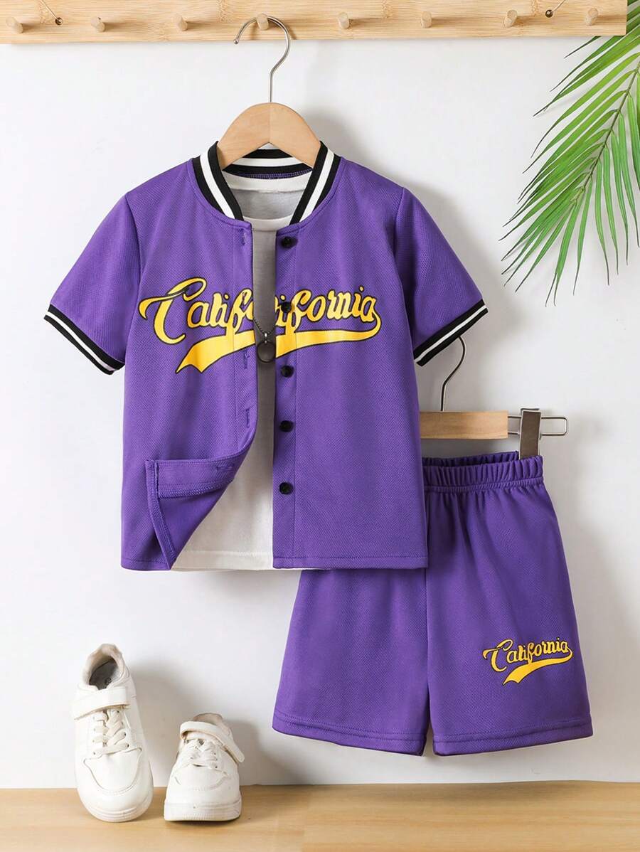 SHEIN 2pcs/Set Young Boy Striped & Letter Printed Front Button Short Sleeve Top And Shorts Set - Purple - View 1