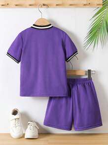 SHEIN 2pcs/Set Young Boy Striped & Letter Printed Front Button Short Sleeve Top And Shorts Set - Purple - View 2