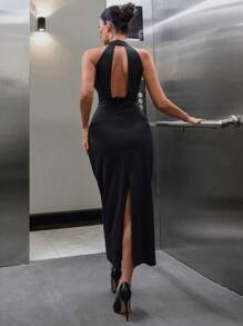 EURMUSE RHINESTONE COLLAR DETAILED LONG OCCASIONAL HALTER NECK DRESS - Black - View 2