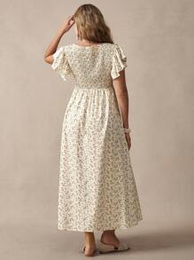 Boho Mama Boho Ditsy Floral Maternity Dress, Romantic For Vacation, Commuting - Apricot - View 2