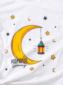 SHEIN رمضان تي شيرت قطني بأكمام مطوية ومقصورة للفتيات المراهقات، بطبعة نجوم وهلال نمط يومي عادي - أبيض - مشاهدة 4