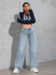 SHEIN PETITE Quần Jeans Jeans Denim Ống Thẳng Thoải Mái Thường Ngày Cho Nữ - Màu xanh lam - Xem 3