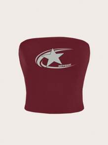 Attitoon Women Strapless Tight Star Print Casual Tank Top, Suitable For Summer Back To School - Burgundy - View 2