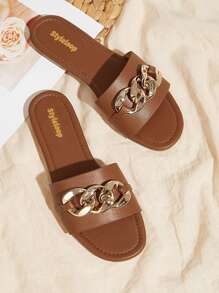 Styleloop Elegant Outdoors Flat Slippers For Women, Chain Decor Plain Artificial Leather Open Toe Slide Sandals Spring Shoes Spring Break Easter - Camel - View 2