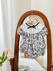 SHEIN LMoss Kids Bodysuit Bayi Perempuan Baru Lahir LMoss Motif Bunga Lucu dengan Hiasan Rumbai, Musim Panas - Putih - View 7