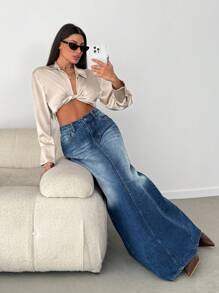 EURMUSE Casual Distressed Denim Long Skirt With Side Slit - Medium Wash - View 1