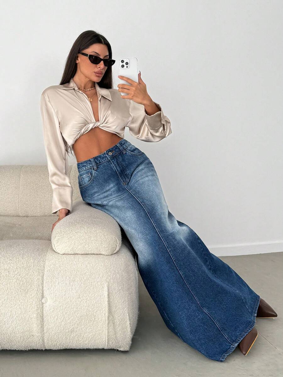 EURMUSE Casual Distressed Denim Long Skirt With Side Slit - Medium Wash - View 1
