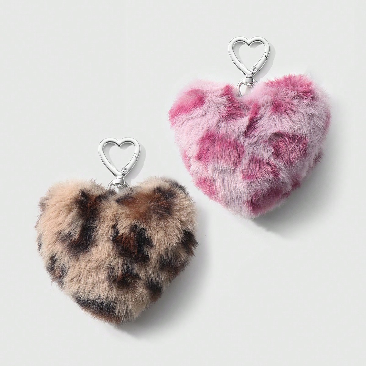 2pcs/Set Chic Leopard & Heart Shape Faux Fur Keychain, Fashionable Accessories Suitable For Couples, Sisters Daily Wear, Holiday Gift