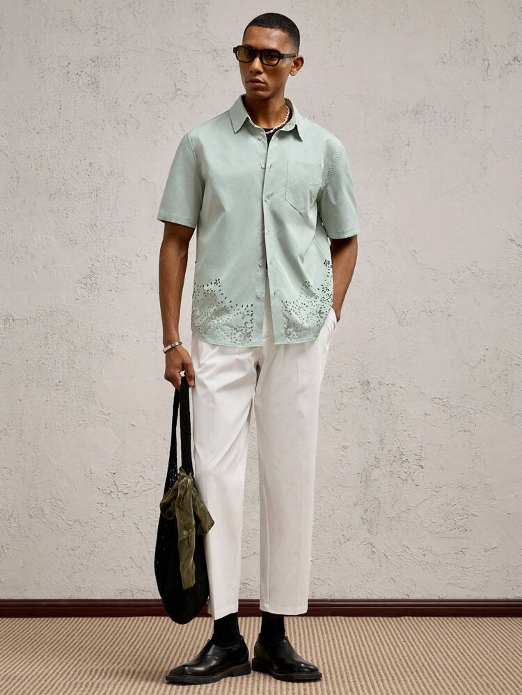 Men's Slim-Fit Turn-Down Collar Short Sleeve Casual Woven Shirt, Suitable For Daily Wear
