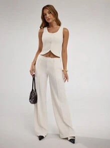 SHEIN BAE 女士纯色无袖无纽扣简约夹克，休闲日常穿着 - 杏色 - 查看 5