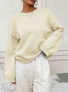 SHEIN Unity Women's Solid Color Round Neck Long Sleeve Simple Casual Pullover Sweater - Apricot - View 4