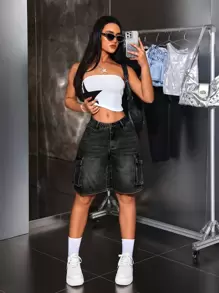 SHEIN ICON 纯色多口袋纽扣休闲宽松牛仔短裤 - 灰色 - 查看 7