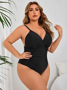 Swim Lushoire 加大码连体泳衣，黑色，腰部有褶饰，简约设计，适合日常穿着和海滩度假，适合夏季度假 - 黑色 - 查看 5