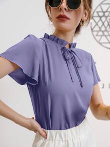Mulvari Camisa de unicolor de manga corta, minimalista y casual para uso diario - Púrpura malva - Ver 11