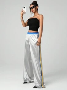 SHEIN ICON Pantalones deportivos sueltos con recorte de tela de color brillante plateado