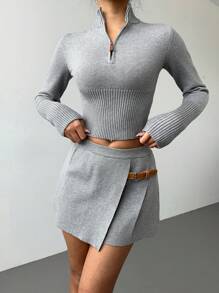 Aloruh 2pcs Women Casual Solid Cropped Sweater And Mini Skirt Set, Autumn/Winter - Grey - View 7