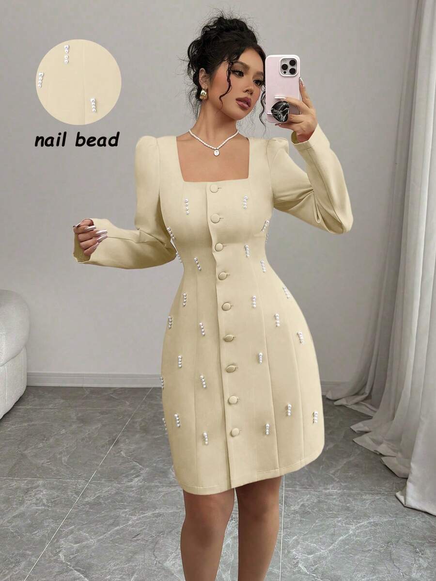 Elenzga Square Neck Puff Sleeve Pearl Embellished Pink Dress - Apricot - View 1