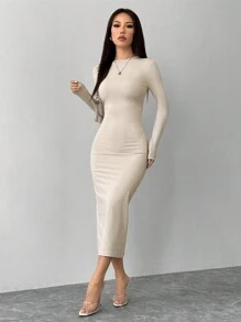 SHEIN PETITE Solid Color Pleated Waist Black Long Sleeve Dress - Apricot - View 7