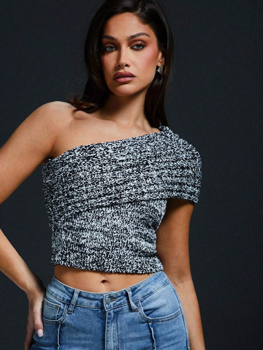 SHEIN Unity One Shoulder Sweater Knit Top Simple Fashionable Daily Casual - Black - View 1