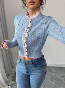 Islaluna Contrast Color Lace Splicing Knit Cardigan Sweater Jacket, With Heart Graphic For Valentine's Day Gift - Dusty Blue - View 4