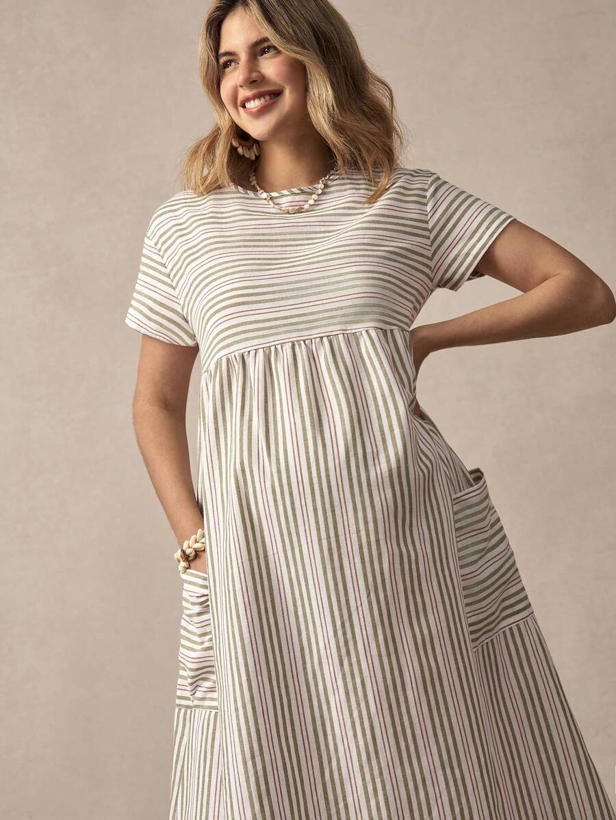 Boho Mama Boho Maternity Patch Pocket Striped Dress - Green - View 1