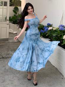 DAZY 1pc Floral Print Women Long Slip Dress SunDress - Blue - View 10