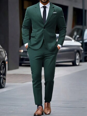 Manfinity Mode Einfarbiges Anzugset für Herren mit Hemd und Hose, minimalistischer Stil für lässige Alltagskleidung