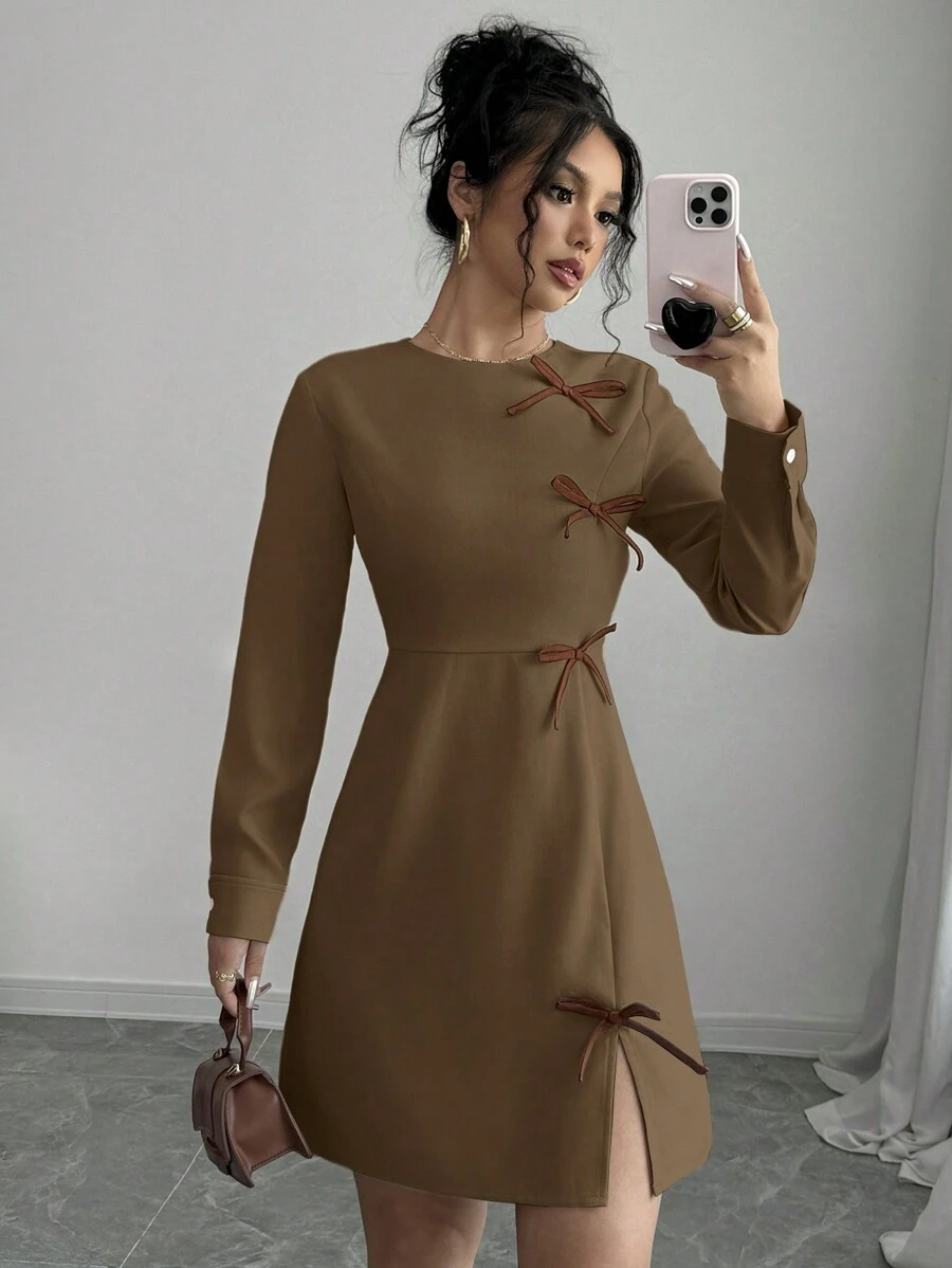 Chiquease Bowknot Slit Casual Everyday Long Sleeve Brown Dress, Minimalist And Fashionable - Coffee Brown - View 1