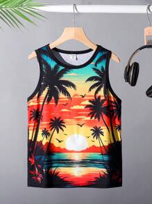 Áo ba lỗ thường ngày cho bé trai tuổi teen có họa tiết cây dừa, hoàng hôn và biển, phù hợp cho mùa thu, xuân, hè - Thích hợp cho vui chơi ngoài trời, đi học, phong cách đường phố, tiệc tùng và thư giãn - Nhiều màu - Xem 2