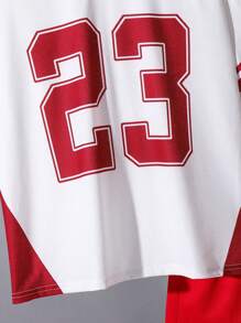 Tween Boy Casual Academy Style Comfortable & Fashionable Versatile Cute Soft Set - Colorblock V-Neck Short Sleeve T-Shirt & Shorts, Practical For Daily, School, Commute, Sports, Spring/Summer - Red - View 5