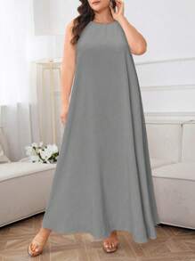 Al Najma Plus Size Solid Color Sleeveless Maxi Abaya Dress - Light Grey - View 1