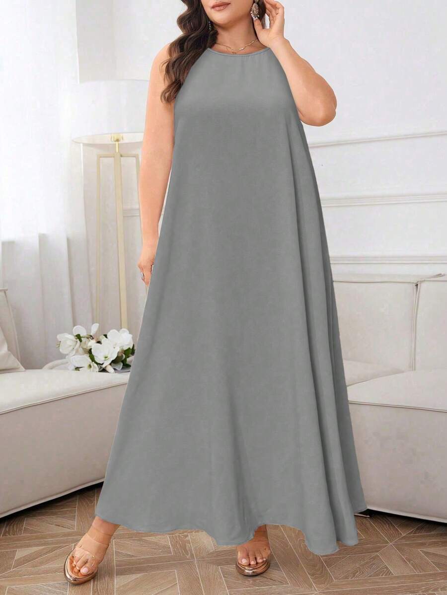 Al Najma Plus Size Solid Color Sleeveless Maxi Abaya Dress - Light Grey - View 1